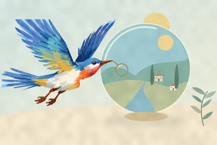 A blue bird studies a small landscape through a magnifying glass: Oira learns how the work fits together.